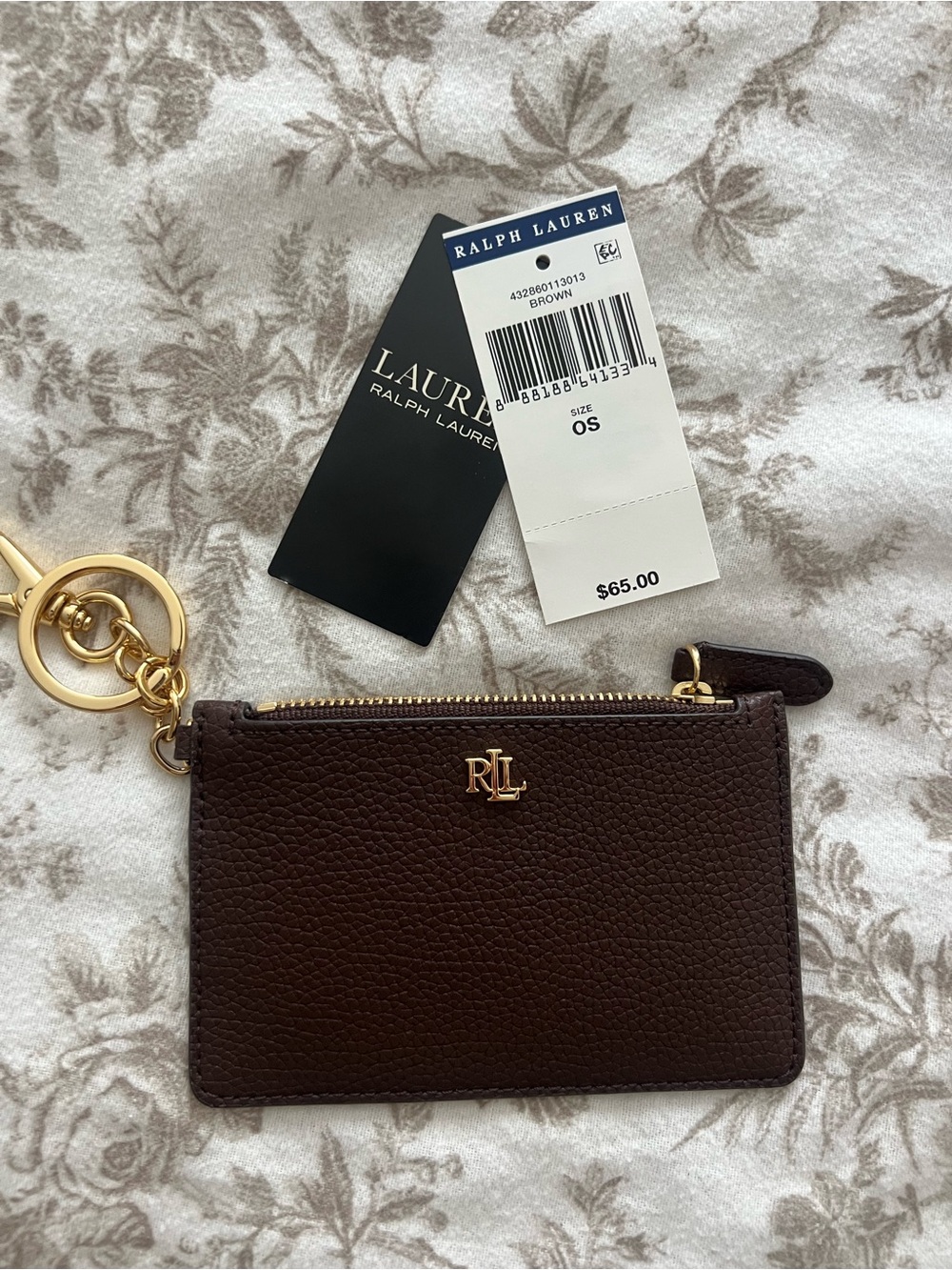Ralph Lauren Dark Brown Pebbled Leather Key & Card Pouch with Gold Hardware